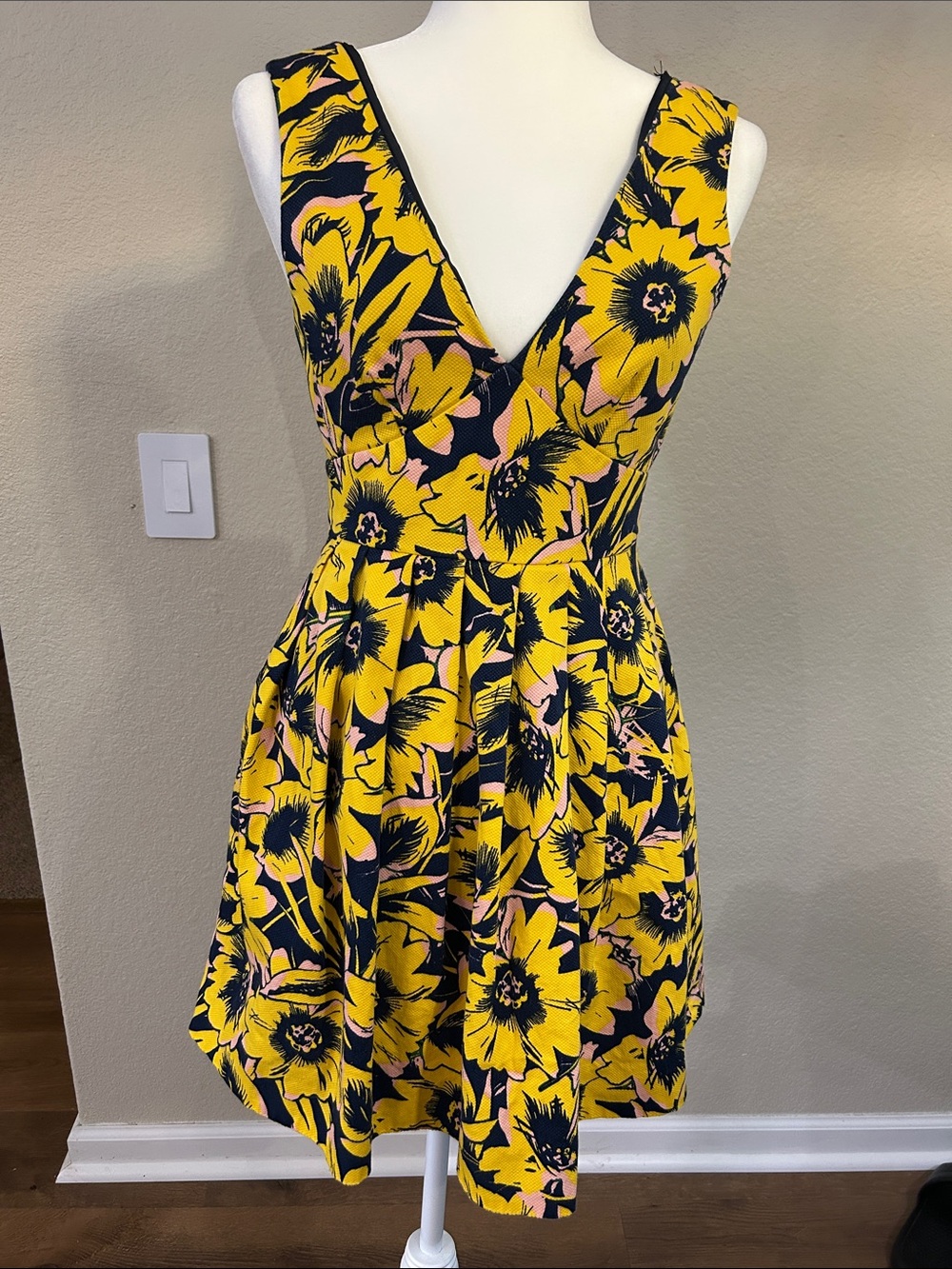 J. Crew Yellow Floral V-Neck Fit & Flare Mini Dress with Pockets